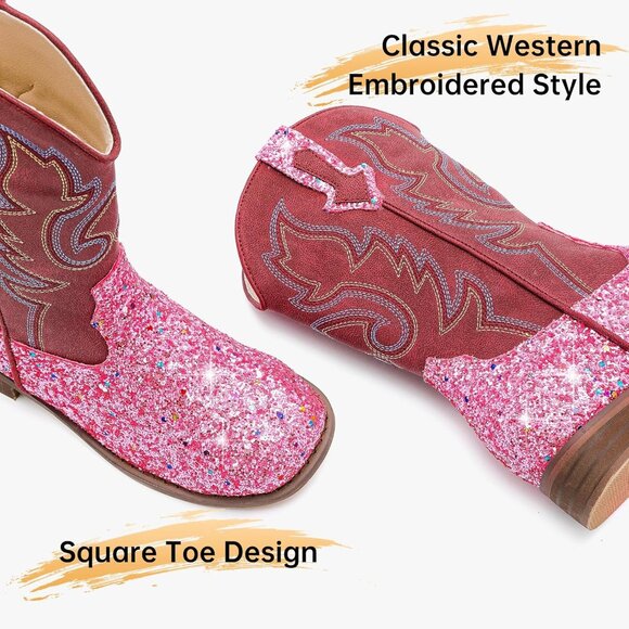 Kids Pink Sequins Boots Glitter Toddler Little Big Mid Calf Western Riding Shoes - Picture 6 of 7